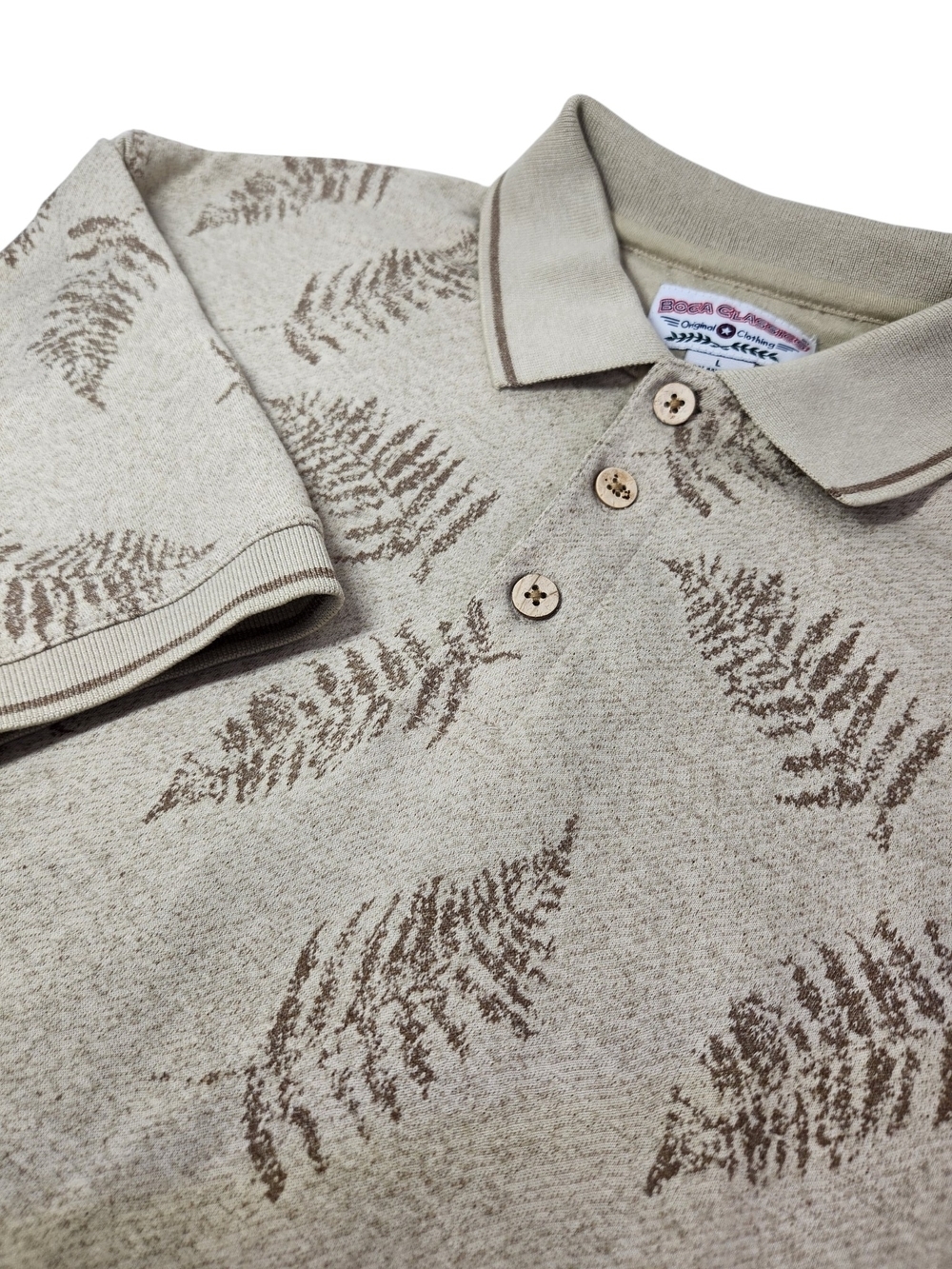 Vintage Boca Classics Knit Polo Shirt Large Beige Fern Leaf Print Resort Casual
